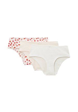 Trois paires de culottes en coton pour femmes en blanc, beige, et blanc avec des motifs de cœurs rouges, chacune avec un petit nœud devant.