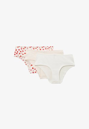 Trois paires de culottes en coton pour femmes en blanc, beige, et blanc avec des motifs de cœurs rouges, chacune avec un petit nœud devant.