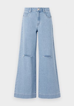Jeans taille haute bleu clair à jambes larges, dotés de deux poches avant et de deux détails de genoux déchirés, fabriqués en matériau denim.