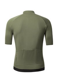 Maillot de cyclisme à manches courtes en vert olive, avec un col zippé, trois poches arrières et un ourlet noir. Fabriqué en tissu lisse et extensible.