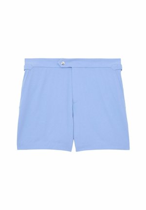 Šviesiai mėlyni šortai iš minkštos medžiagos, su lygiu priekiu, dviem šoninėmis kišenėmis ir sidabriniu mygtuko užsegimu juosmens srityje.
