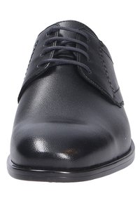 Schwarze Lederschuhe mit glatter Oberfläche, runder Zehenform und Schnürung. Robuste Sohle mit leichtem Glanz und minimalen Nähdetails.