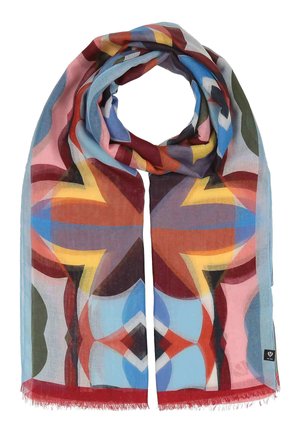 Lightweight scarf with abstract geometric patterns in muted red, blue, yellow, pink, and green tones, featuring a fringed edge.