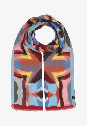 Lightweight scarf with abstract geometric patterns in muted red, blue, yellow, pink, and green tones, featuring a fringed edge.