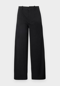 Wide-leg trousers in black fabric, featuring a front zipper, belt loops, and a smooth texture with no visible patterns or accents.