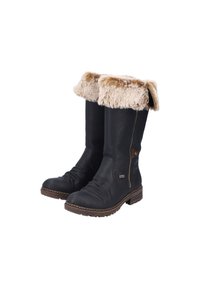 Botas altas de cuero negro con puño de piel sintética, detalle de cremallera y suela texturizada. Presentan acentos acolchados y un acabado suave.