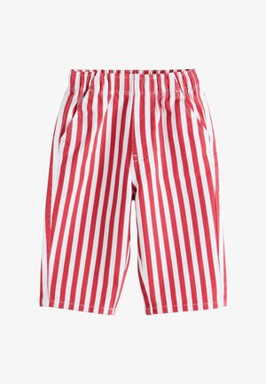 Rot-weiß gestreifte Shorts mit elastischem Bund, zwei seitlichen Taschen und lockerem Schnitt. Hergestellt aus gewebtem Stoff mit glatter Textur.