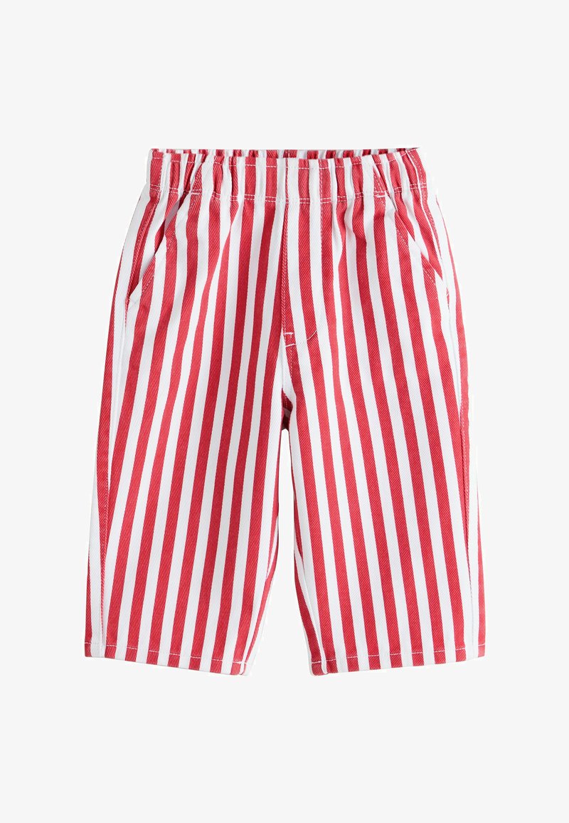 Pantaloncini a righe rosse e bianche con vita elasticizzata, due tasche laterali e vestibilità comoda. Realizzati in tessuto intrecciato con trama liscia.
