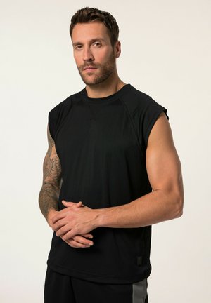 Zwart mouwloos sportshirt met een ronde hals, gladde textuur en een losse pasvorm. De stof valt soepel over de schouders en het bovenlichaam.