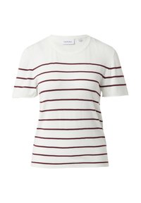 Weißes kurzärmliges T-Shirt mit horizontalen burgunderfarbenen Streifen, Rundhalsausschnitt, aus weichem Stoff mit glatter Textur.