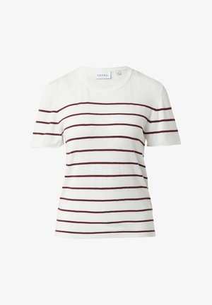 Witte T-shirt met korte mouwen en horizontale bordeauxrode strepen, ronde halslijn, gemaakt van zacht stof met een gladde textuur.