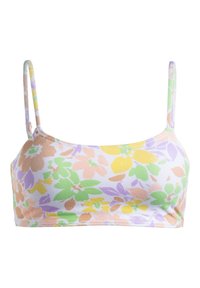 Bralette s kvetinovým potlačou v pastelových farbách ružovej, zelenej a žltej; vyrobené z textúrovanej látky s tenkými nastaviteľnými ramienkami.
