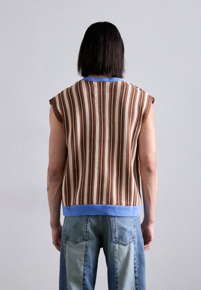 Top senza maniche lavorato a maglia con strisce verticali marroni e beige, scollo a costine blu e orlo. Indossato sopra jeans di denim azzurro chiaro.