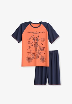 Children's two-piece outfit with orange and navy blue colors, featuring motorcycle and mechanical parts graphic on the shirt front.