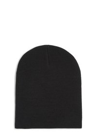 Svart stickad mössa med slät textur, rundad topp och enkel design, som har en snug fit utan synliga logotyper eller utsmyckningar.