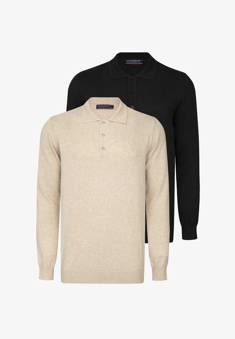 Due polo a maniche lunghe: uno beige con una maglia a trama e tre bottoni, e uno nero liscio dietro di esso. Entrambi hanno un colletto.