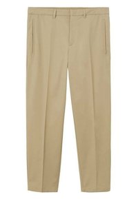 Pantalon beige droit avec passants de ceinture, fermeture éclair à l'avant et poches passepoilées de chaque côté.