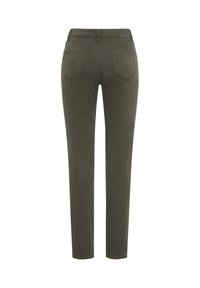 Olivgrüne, taillierte Hose mit geradem Schnitt, aus weichem Stoff. Verfügt über zwei Gesäßtaschen und einen Gürtelschlaufen am Bund.