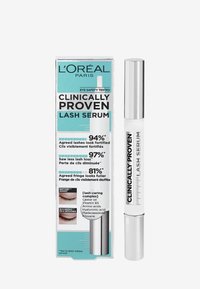 L'Oréal Paris Kliniskt Bevisat Lash Serum i en stilren vit tube med silverlock. Kartongen har turkosa detaljer och kliniska påståenden om fransfördelar.