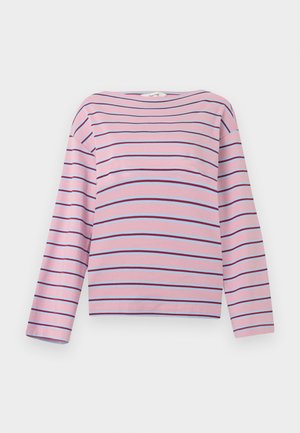 Ροζ πουκάμισο με μακριά μανίκια, οριζόντιες λεπτές σκούρες και ανοιχτές μωβ ρίγες, λαιμόκοψη τύπου κοντό λαιμό και άνετη εφαρμογή.