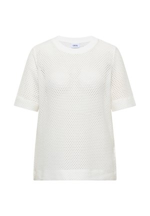 Weißes Kurzarm-Mesh-Stricktop mit rundem Ausschnitt und strukturiertem Punktmuster, innen am Kragenetikett mit "Cecil" beschriftet.