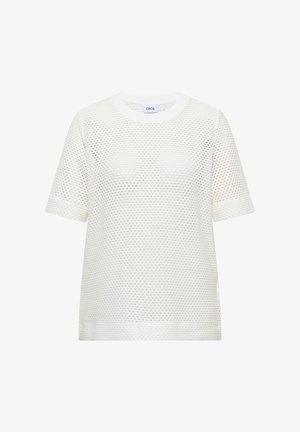 Weißes Kurzarm-Mesh-Stricktop mit rundem Ausschnitt und strukturiertem Punktmuster, innen am Kragenetikett mit "Cecil" beschriftet.