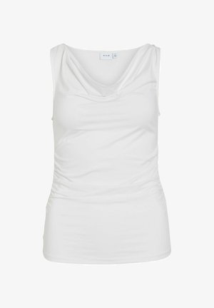 Biała bluzka bez rękawów z marszczonym dekoltem i subtelnym marszczeniem po bokach, z markową metką VILA wewnątrz kołnierza.