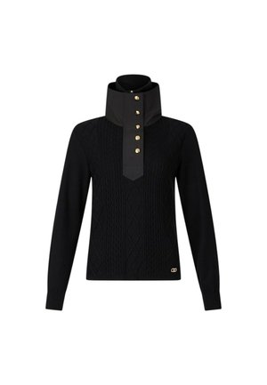 Pulover negru cu guler înalt, având nasturi aurii pe față și un model texturat de tricotaj cu cabluri pe corp. Material din amestec de bumbac.