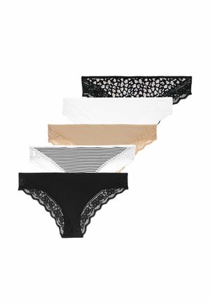Five pairs of women's panties: black lace, white with lace, tan, striped, and black with lace trim, showcasing various textures and patterns.
