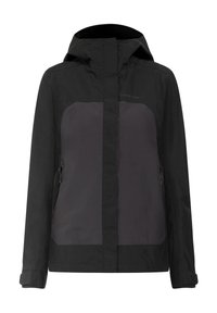 Black waterproof jacket with a gray panel in the front, featuring a hood, zippered side pockets, and a smooth matte texture.