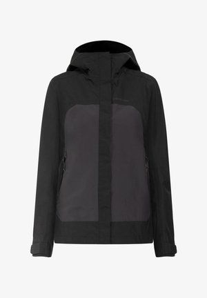 Zwarte waterdichte jas met een grijs paneel aan de voorkant, voorzien van een capuchon, rits zijzakken en een gladde matte textuur.