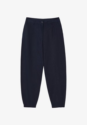 Pantaloni in lino blu navy con una vestibilità rilassata, dotati di chiusura con bottone, pieghe e due tasche laterali per una maggiore funzionalità.