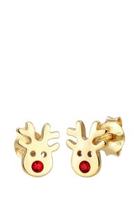 Orecchini a bottone a forma di renna color oro con nasi di gemma rossa, presentano corna texture e superficie liscia. Contrassegnati con ‘925’ per argento sterling.
