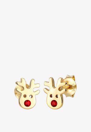 Boucles d'oreilles en forme de renne de couleur or, avec des nez en pierre précieuse rouge, des cornes texturées et une surface lisse. Marquées '925' pour l'argent sterling.