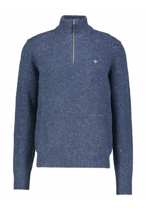 Navy blue wool sweater with a stand-up collar, half-zip front, and ribbed cuffs. Features a textured, speckled pattern throughout.