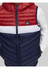 Ärmlös puffjacka med röda, vita och marinblå horisontella ränder och dragkedja framtill, bärs över en vit långärmad skjorta.