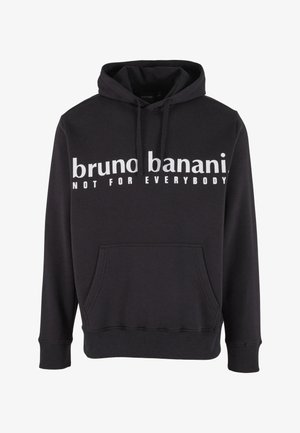 Fekete kapucnis pulóver pamut keverék anyagból, fehér felirattal elöl, kenguruzsebbel, állítható kapucnival és bordázott mandzsettákkal.