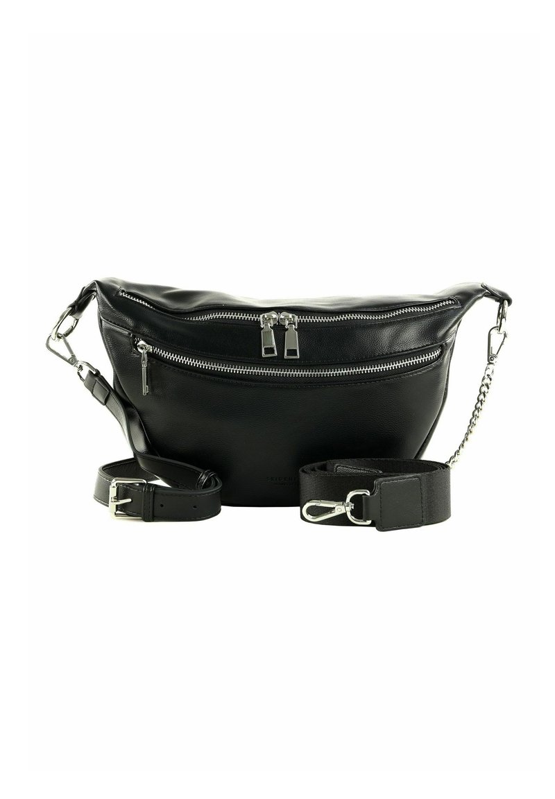 Sac bandoulière en cuir noir avec deux compartiments zippés, quincaillerie argentée brillante et bandoulières réglables, une en cuir et une chaîne.