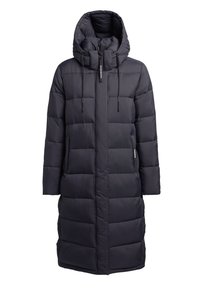 Long dark gray puffer coat with a hood, featuring a quilted design, front zip, and drawstring toggles. Includes side pockets.