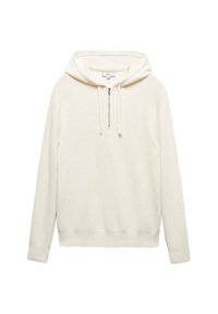 Hoodie lavorato a maglia color crema con maniche lunghe, mezza zip frontale e cappuccio con cordino, esposto su sfondo bianco.