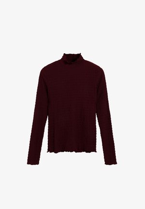 Burgundy long-sleeve turtleneck top with a textured, crinkled finish and ruffled neckline, featuring a loose, casual silhouette.