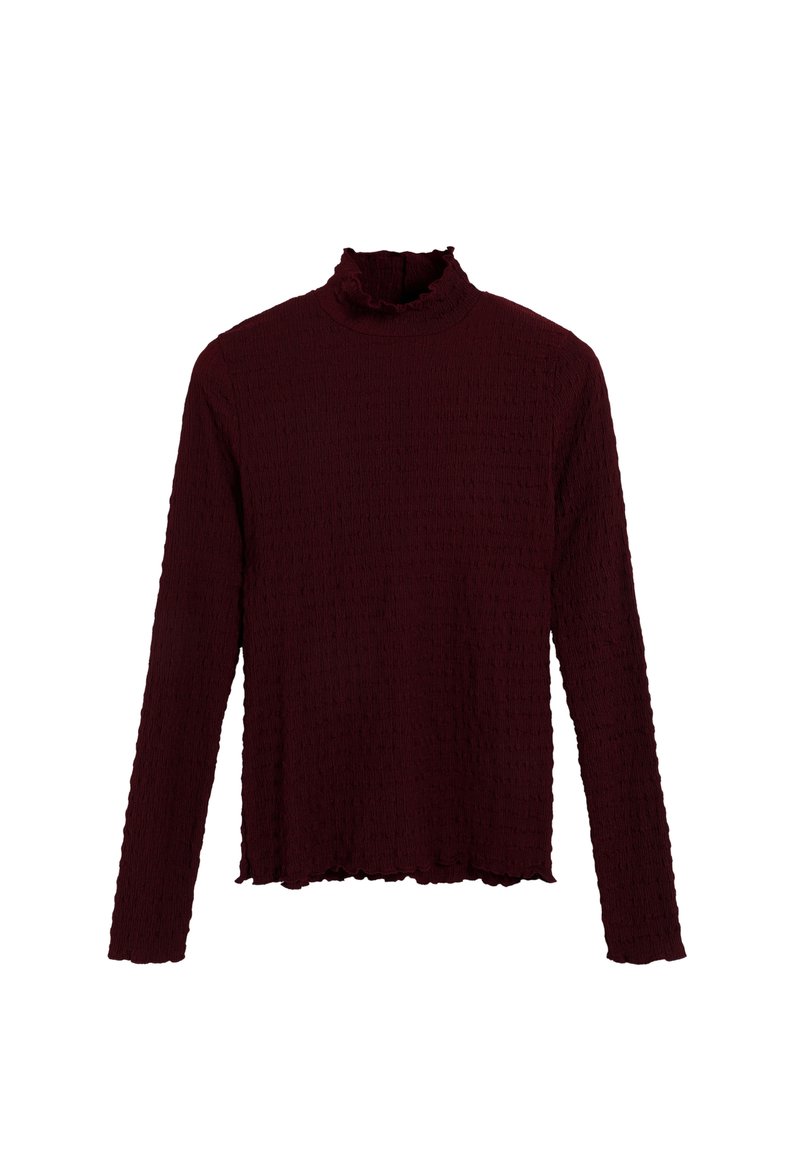 Top de punto burdeos de manga larga con un acabado texturizado y arrugado, y un cuello con volantes, que presenta una silueta holgada y casual.