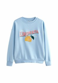 Helles blaues Sweatshirt mit gerippten Bündchen und Saum, das auf der Vorderseite mehrfarbigen gestickten Text "LIMONATA" und eine Zitronengrafik zeigt.