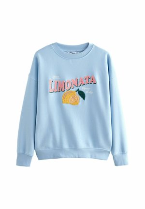 Šviesiai mėlynas sportinis svoris su raštuotais manžetais ir juosta, priekyje esantis daugiaspalvis išsiuvinėtas užrašas "LIMONATA" ir citrono grafika.