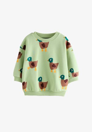 Sweatshirt vert clair avec un motif de canards de dessin animé en marron et teal, avec un col rond et des poignets côtelés.