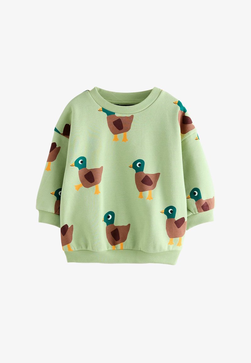 Felpa verde chiaro con un motivo di anatre dei cartoni animati in marrone e verde acqua, con scollatura rotonda e polsini a coste.