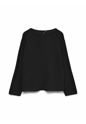 Zwarte sweater met lange mouwen, een ronde hals, verlaagde schouders en geribbelde boorden. Gemaakt van zachte, gladde stof. Zonder zichtbare patronen.