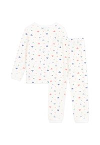 Completo pigiama in cotone con maniche lunghe e pantaloni a vita elastica, caratterizzato da una base bianca con un motivo di cuori colorati in rosso, blu, verde e giallo.