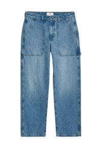 Pantalones de mezclilla azul claro con corte recto, que cuentan con cuatro bolsillos y un cierre de botón. Textura deslavada con costuras visibles.