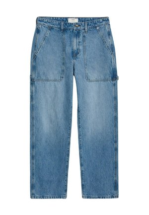 Lichtblauwe denimbroek met een rechte snit, voorzien van vier zakken en een knoopsluiting. Vervaagde textuur met zichtbare stiksels.